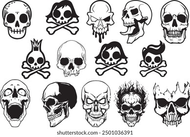 set of human skulls black and white vector. Silhouette shapes of skulls illustration.