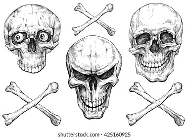 A set of human skulls with different emotions - hand drawn vector illustration, isolated on white
