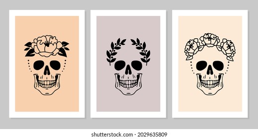 Set of human skulls with flower, laurel wreath. Beautiful collection of human skull portrait.Vector flat mystic vintage illustration. Design for poster, card, flyer, tarot