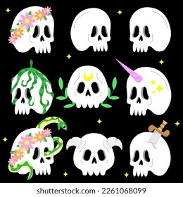 Set of human skulls, skulls with flowers, snakes, horns. Halloween decoration