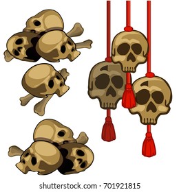 Set of human skulls hanging on red rope with tassel isolated on white background. Terrible attributes of the celebration of holiday of all evil Halloween. Vector cartoon close-up illustration.