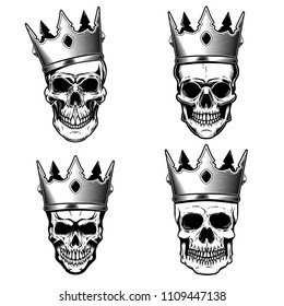 Set of human skulls with king crown. Design element for poster, print, emblem, sign. Vector illustration