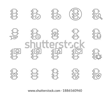 Set of human spine line icon. Healthy vertebral column, spinal canal illness diagnosis, treatment and more.