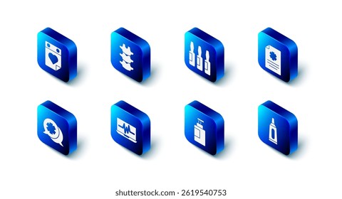 Set Human spine, Medical vial, ampoule, Clinical record, Ointment cream tube medicine, Hand sanitizer bottle, Laptop with cardiogram, Dialogue the doctor and Doctor appointment icon. Vector