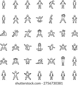 Set of human stick figure icons showing various exercise, yoga poses, and stretching positions in outline style