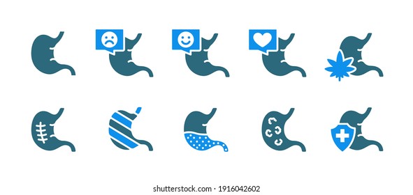 Set of human stomach colored icon. Healthy internal organ, gastrointestinal tract illness, diagnosis, treatment symbol
