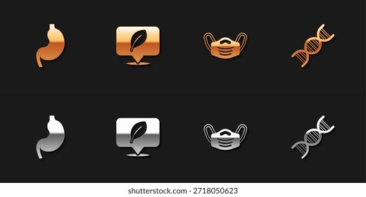 Set Human stomach, Location with leaf, Medical protective mask and DNA symbol icon. Vector
