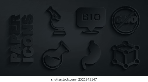 Conjunto Estómago humano, sin OMG, tubo de ensayo y matraz, molécula, alimento saludable biológico e icono de microscopio. Vector