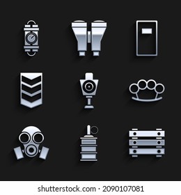 Set Human target sport for shooting, Hand grenade, Military ammunition box, Brass knuckles, Gas mask, rank, Police assault shield and Detonate dynamite bomb stick timer clock icon. Vector