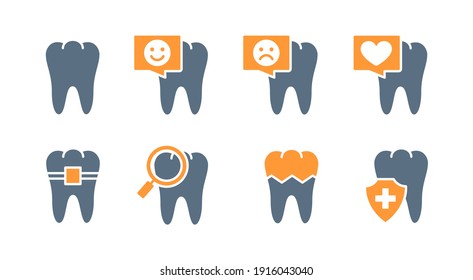 Conjunto de ícono de color de dientes humanos. Sano órgano interno, enfermedad dental, diagnóstico, símbolo de tratamiento