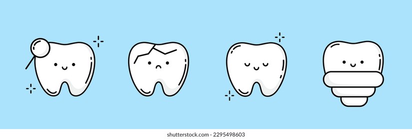 Un conjunto de dientes humanos con heridas diferentes. Dientes sanos y enfermos, caries, crack, implante. Cartel, afiche para imprimir. Infografía en odontología. Vector. Estilo Doodle