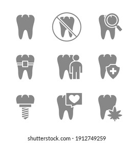 Set of human teeth gray icon. Healthy internal organ, teeth illness, diagnosis, treatment symbol
