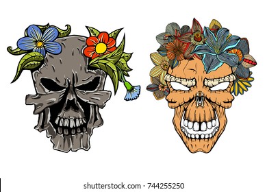 Set of Human terrible skulls with flowers. Vector illustration. Hand drawn image