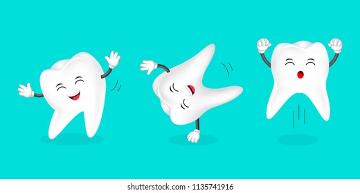 Set of human tooth dancing. Cartoon character design, vector illustration isolated on green background.