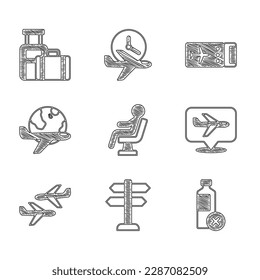 Set Human waiting in airport terminal, Road traffic sign, No water bottle, Plane, Globe with flying plane, Airline ticket and Suitcase icon. Vector