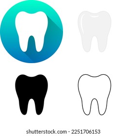 Set of Human White Molar Tooth, Dental Care, Orthodontic, Dentistry, Skeletal System, Medical Human Organ Icon Flat Long Shadow, Black-White Silhouette, Line Art Isolated on White Background