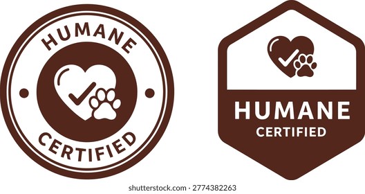 Set of humane certified labels featuring a heart, checkmark, and paw symbol in brown on a white background.