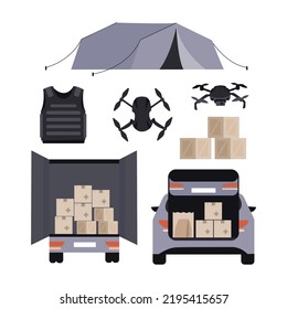 Set of humanitarian aid material assistance governmental help. Drones, body armor, army donation. Save Ukraine. Vector isolated on background in flat style