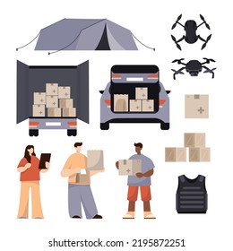 Set of humanitarian aid material assistance governmental help. Drones, body armor, volunteers, army donation. Save Ukraine. Vector isolated on background in flat style