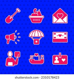 Set Humanitarian aid, ship, Volunteer card or badge, Donation and charity, Teacher, Megaphone, Envelope with Valentine heart and Shovel icon. Vector