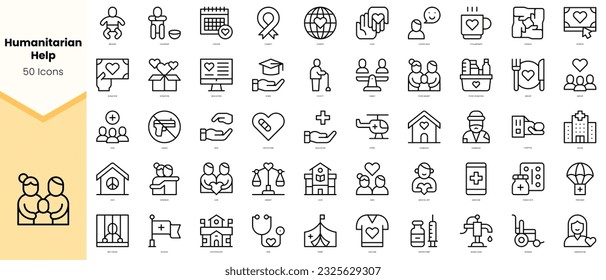 Conjunto de ayuda humanitaria Icons. Paquete de iconos de estilo de arte de línea simple. Ilustración del vector