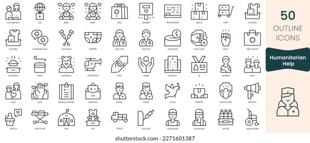 Conjunto de iconos de ayuda humanitaria. Iconos de estilo lineal delgado Empaquetar. Ilustración vectorial