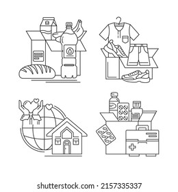 Conjunto de iconos humanitarios, lineales, vectoriales. Caridad. Asistencia médica, donación de comida y ropa.