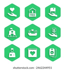 Envío humanitario, App de citas en línea, Donación de sangre, Doctor masculino, Tienda de campaña médica de emergencia, Libro y corazón icono de la mano. Vector