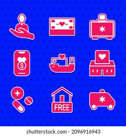 Set Humanitarian ship, Free home delivery, Emergency car, Volunteer center, Medicine pill or tablet, Donation and charity, First aid kit and Caring for people icon. Vector