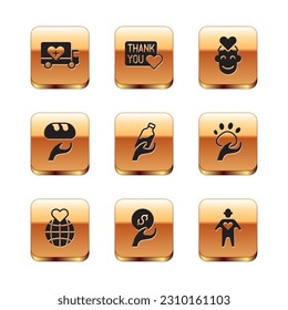 Set Humanitarian truck, Hand holding Earth globe, Donation charity, water, food, Volunteer,  and Thank you with heart icon. Vector