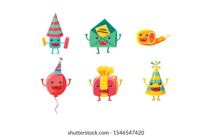 Set of humanized accessories for a birthday. Vector illustration on a white background.
