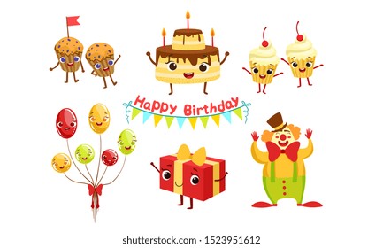 Set of humanized attributes for a birthday. Vector illustration.