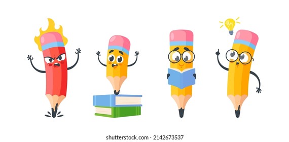 Set of Humanized Funny Pencils, Cartoon Character in Glasses Read Book, Angry and Happy Personages, Smart Pencil with Creative Idea Light Bulb Isolated on White Background. Vector Illustration