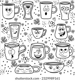 A set of humanized mugs. Funny vector icons