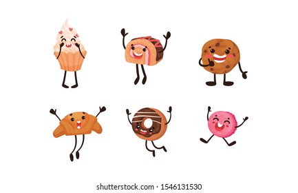 Set of humanized pastries and baked sweets. Vector illustration.
