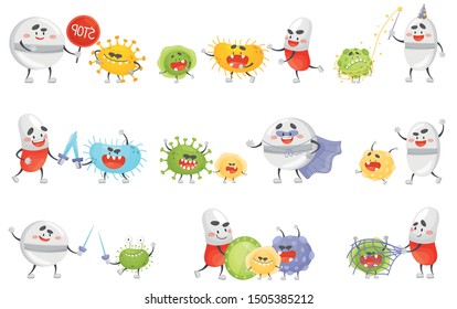 Set of humanized pills and germs. Vector illustration.