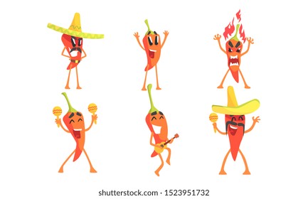 Set of humanized red hot chili peppers. Vector illustration.