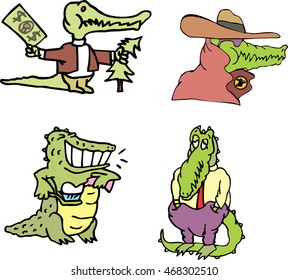 Set of human-like comic gators and amusing crocodiles (crocomen). Vector illustrations.