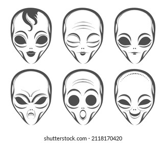 Set of Humanoid Alien Face Different Expression.  Alien anger smile serenity calm surprise emotion isolated on white. Vector illustration.