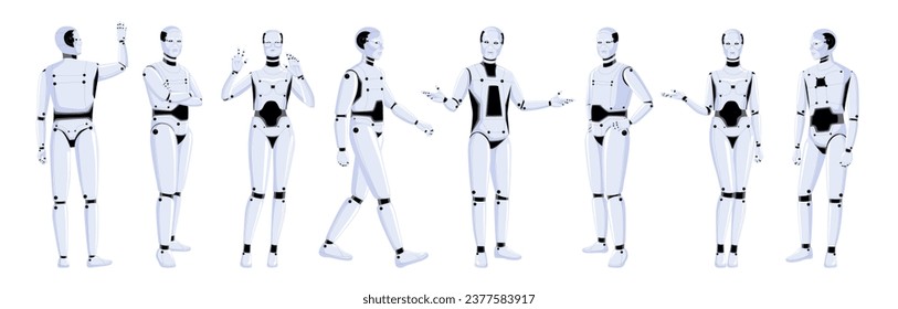 Set of humanoid robot character. Artificial intelligence technology. Modern science, digital machinery, cartoon collection. Futuristic innovation. Isolated on white background. Vector illustration