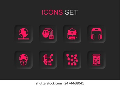 Set Humanoid robot, Global technology, Neural network, Headphones, Cryogenic capsules, Cloud database and Planet earth and radiation icon. Vector