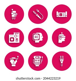 Set Humanoid robot, Robot low battery charge, Electric plug, Smart glasses, Motherboard digital chip, blueprint and  icon. Vector