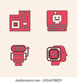 Set Humanoid robot, Motherboard digital chip, Robot and low battery charge icon. Vector