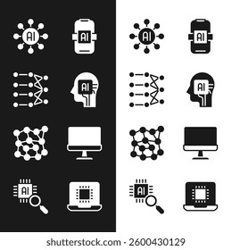 Set Humanoid robot, Neural network, Artificial intelligence AI, Computer monitor, Processor CPU and  icon. Vector