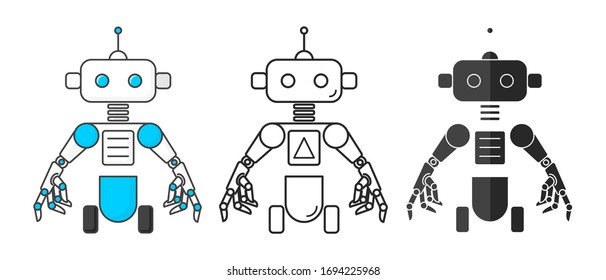 Set of humanoid robots on wheels. Isolated on white background. Flat style. 