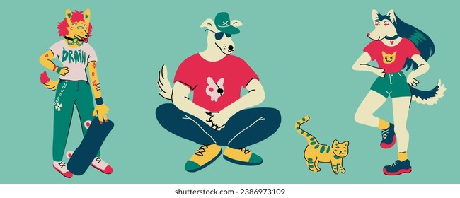 conjunto de humanos como perros en vector.Plantilla para afiche del logo del sticker de postal para el sitio web de la aplicación. Una serie de perros peludos de estilo plano