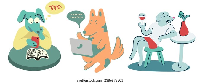 conjunto de humanos como perros en vector.Plantilla para afiche del logo del sticker de postal para el sitio web de la aplicación. Una serie de perros peludos de estilo plano