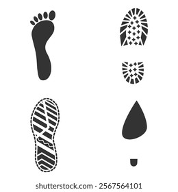 Set of humans footprint. Footprints silhouettes foot and shoes isolated on white background, such as idea of logo in gray. Stock vector. EPS10.