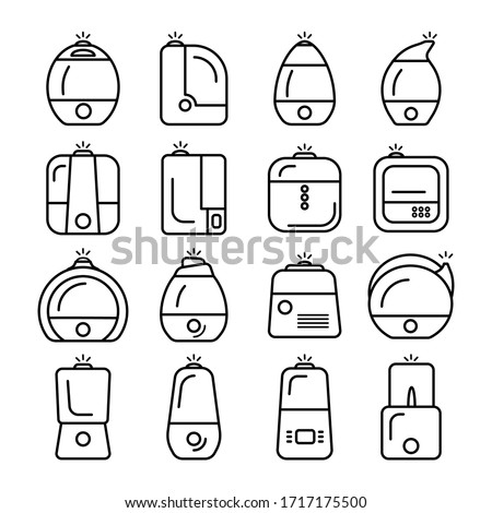 Set of humidifier air diffuser line icons isolated on white background. Purifier microclimate ultrasonic home flat vector illustration. Healthy humidity. Outline style.