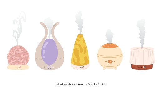 Set humidifier different shapes and sizes. Air diffuser. Device for humidifying. Purifier microclimate. Aroma lamp isolated on white background. 